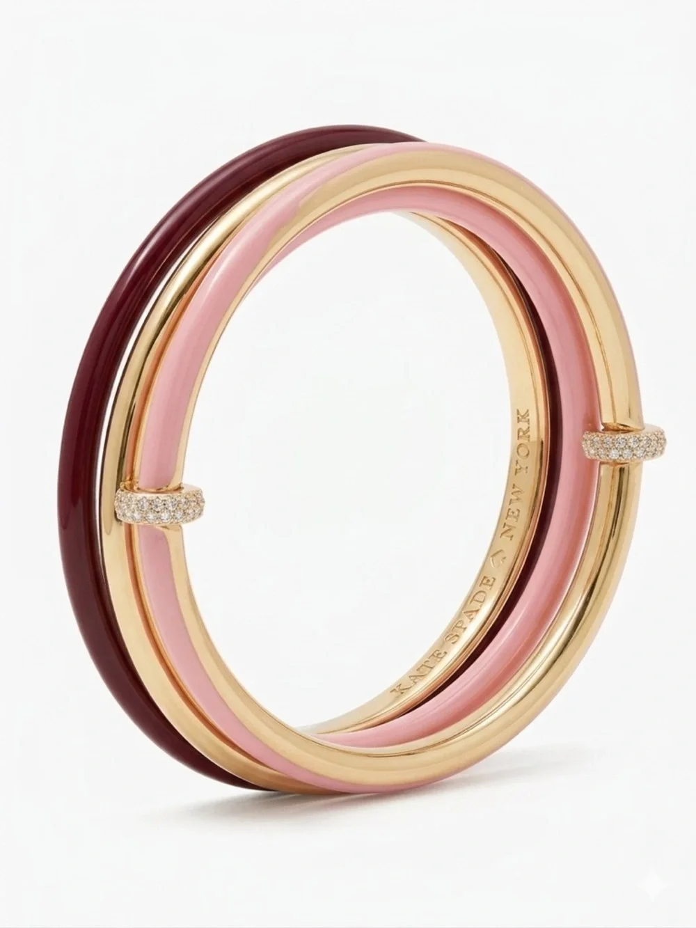 Kate Spade Interlocking Enamel Trio Bangle Set - Maroon/Pink/Gold -RARE - Picture 1 of 11